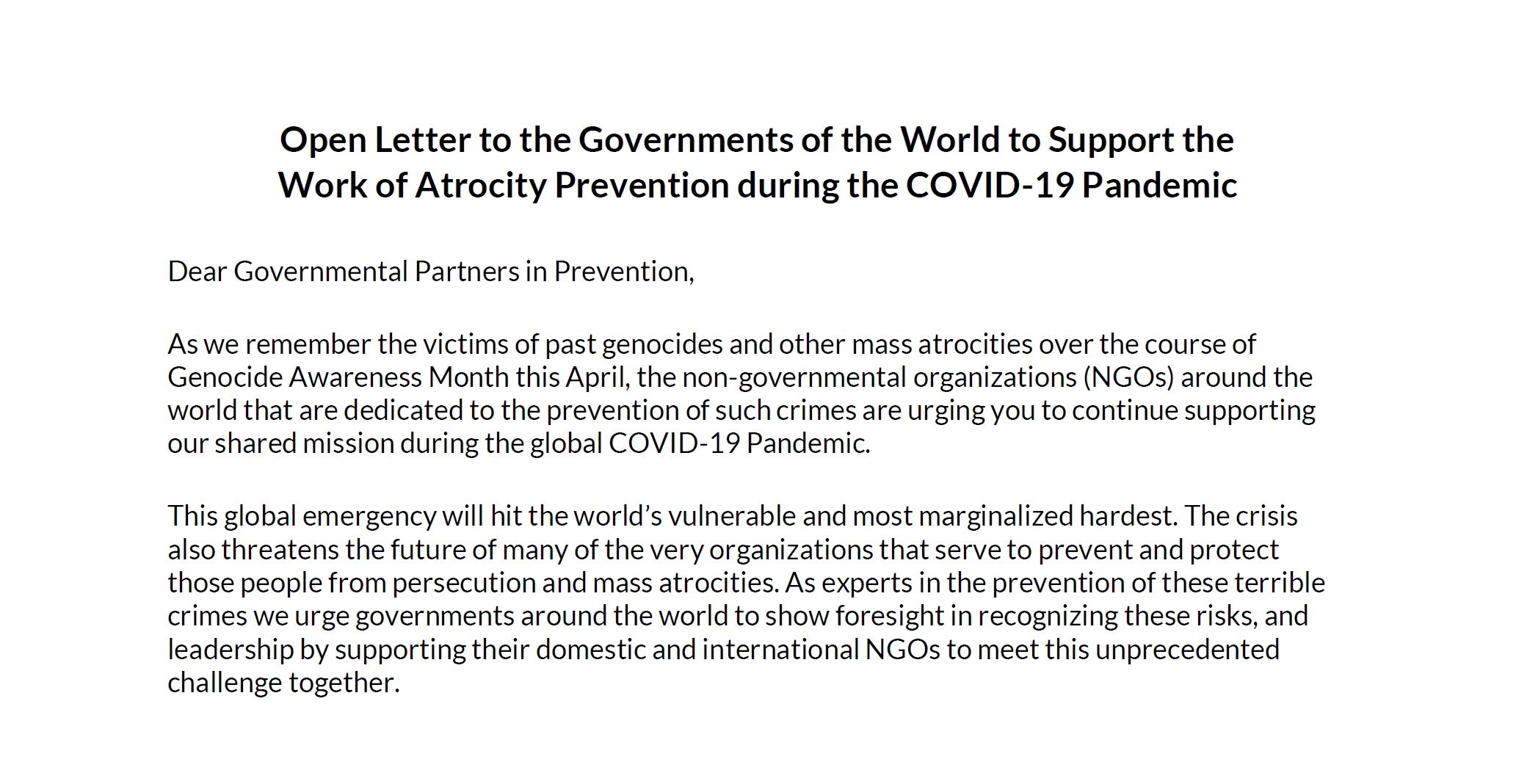 Open Letter to the Governments of the World